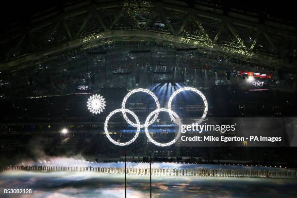 View of The Olympic rings as one of them fails to open at the Opening Ceremony of the 2014 Sochi Olympic Games in Krasnaya Polyana, Russia.