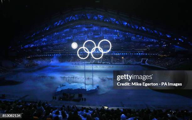 View of The Olympic rings as one of them fails to open at the Opening Ceremony of the 2014 Sochi Olympic Games in Krasnaya Polyana, Russia.