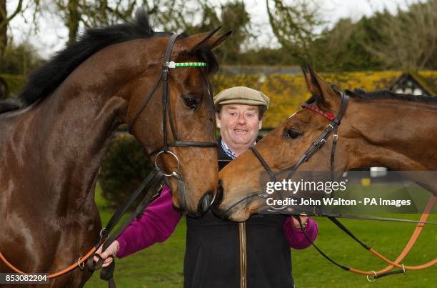 Trainer Nicky Henderson with My Tent or Yours and Bobs Worth during a stable visit at Seven Barrows, Lambourn.