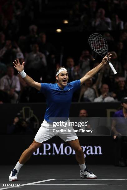 Roger Federer of Team Europe celebrates winning the Laver Cup on match point during his mens singles match against Nick Kyrgios of Team World on the...