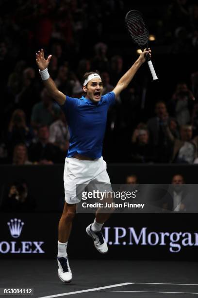 Roger Federer of Team Europe celebrates winning the Laver Cup on match point during his mens singles match against Nick Kyrgios of Team World on the...