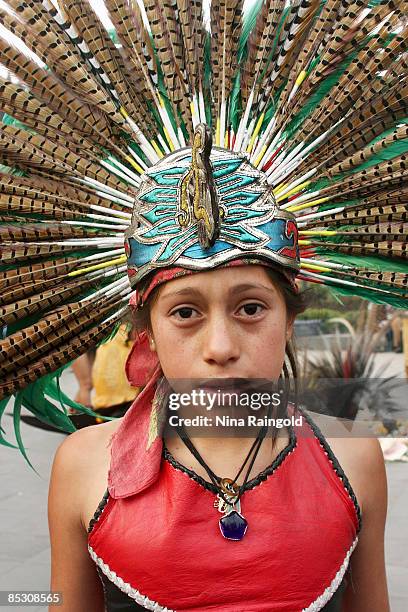 Dancer in Aztec costume in the Zocalo on January 17, 2009 in Mexico City, Mexico. With an estimated population of more that 22 million inhabitants,...