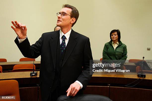 Helg Sgarbi speaks to Italian journalists prior to his verdict at the country court on March 9, 2009 in Munich, Germany. Sgarbi has been charged with...