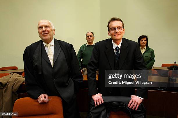 Helg Sgarbi and his German lawyer Egon Geis react prior to the verdict at the country court on March 9, 2009 in Munich, Germany. Sgarbi has been...