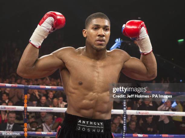 Anthony Joshua celebrates beating Hector Avila during their Heavyweight bout at the SECC, Glasgow.