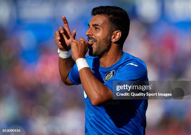 Angel Luis Rodriguez of Getafe celebrates scoring his team's fourth goal during the La Liga match between Getafe and Villarreal at Coliseum Alfonso...