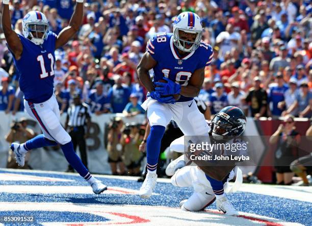 Buffalo Bills wide receiver Andre Holmes catches a deflection in the end zone for a touchdown in front of Denver Broncos free safety Bradley Roby...