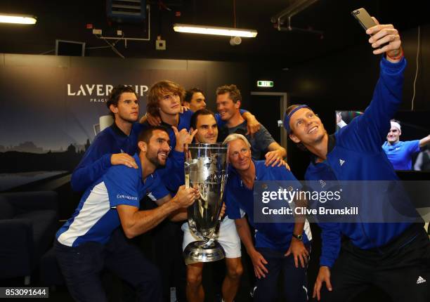 Marin Cilic, Dominic Thiem, Alexander Zverev, Rafael Nadal, Roger Federer, Bjorn Borg, Thomas Enqvist and Tomas Berdych of Team Europe lift the Laver...