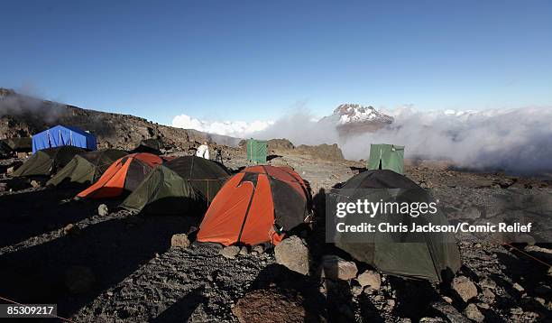 Tents lie on the ridge on the seventh day of The BT Red Nose Climb of Kilimanjaro on March 7, 2009 in Arusha, Tanzania. Celebrities Ronan Keating,...
