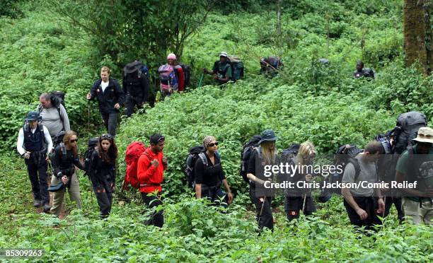 Gary Barlow, Chris Moyles, Ronan Keating, Kimberley Walsh, Cheryl Cole, Alesha Dixon, Fearne Cotton, Denise Van Outen and Ben Shephard trek through...