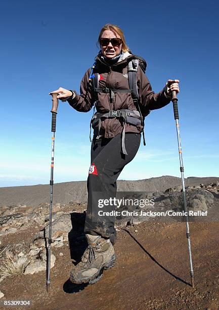 Kimberley Walsh smiles as she treks on the fifth day of The BT Red Nose Climb of Kilimanjaro on March 5, 2009 in Arusha, Tanzania. Celebrities Ronan...