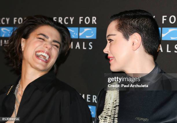 Actors Carolina Levi and Rose McGowan attend the Mercy For Animals' Annual Hidden Heroes Gala at Vibiana on September 23, 2017 in Los Angeles,...