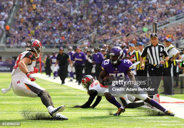 Dalvin Cook of the Minnesota Vikings carries the ball in the first half of the game against the Tampa Bay Buccaneers on September 24, 2017 at U.S....