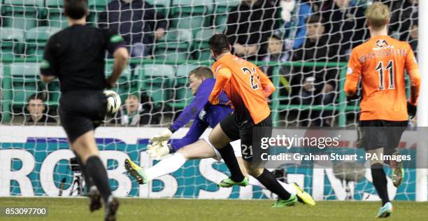 Dundee United's Nadir Ciftci scores their first goal against Hibernian during the Scottish Premier League match at Easter Road, Edinburgh.