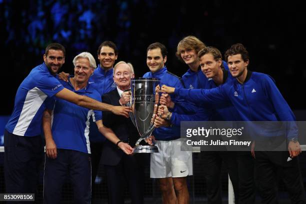 Marin Cilic, Bjorn Borg, Rafael Nadal, Rod Laver, Roger Federer, Alexander Zverev, Tomas Berdych and Dominic Thiem of Team Europe lift the Laver Cup...