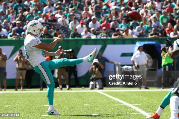 Matt Haack of the Miami Dolphins punts the ball to the New York Jets during the first half of an NFL game at MetLife Stadium on September 24, 2017 in...