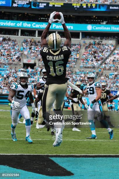 New Orleans Saints wide receiver Brandon Coleman scores on a reception during the second quarter of the game on September 24, 2017 between the New...
