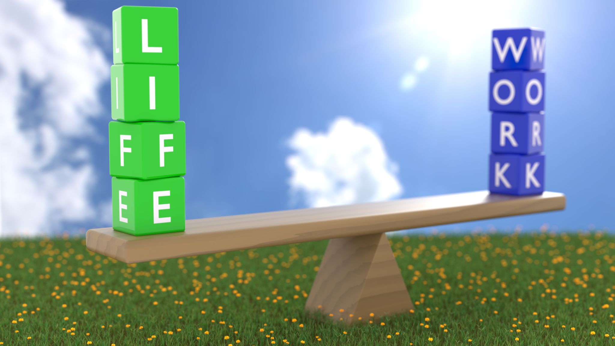 Seesaw on green grass on a sunny day with green dice Seesaw on green grass on a sunny day with green dice