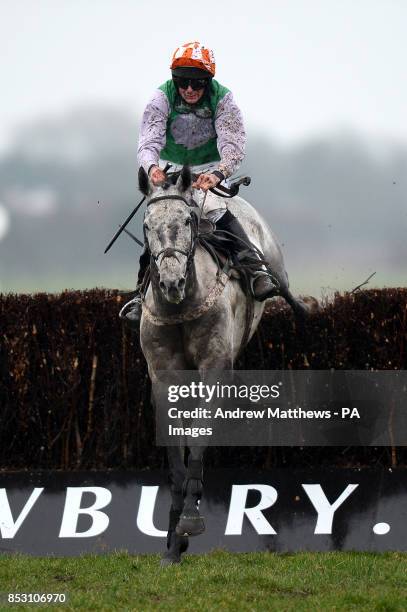 Mr Muddle ridden by jockey Marc Goldstein jumps during the Fredk Sage Co Ltd Handicap Chase