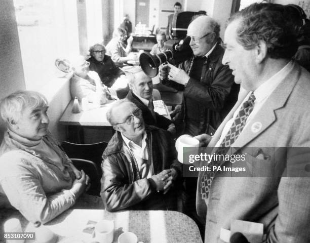 Denis Healey, MP for Leeds South East and deputy leader of the Labour Party, talks to miners Jack Speight and Dennis Sedgwick at the Allerton Bywater...