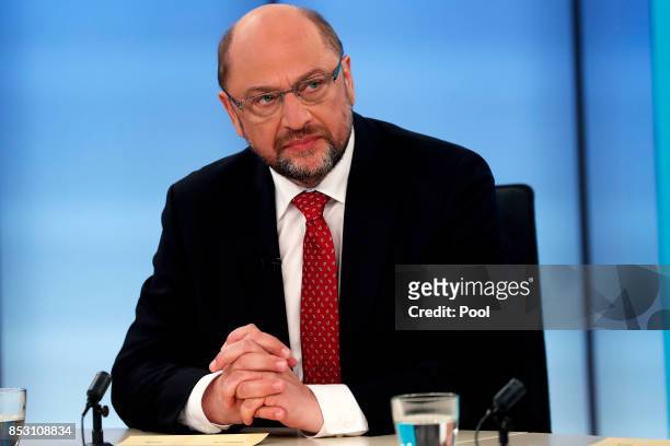 Martin Schulz, leader of the Social Democratic Party and top candidate for Chancellor attends a TV discussion with the top candidates in the German...