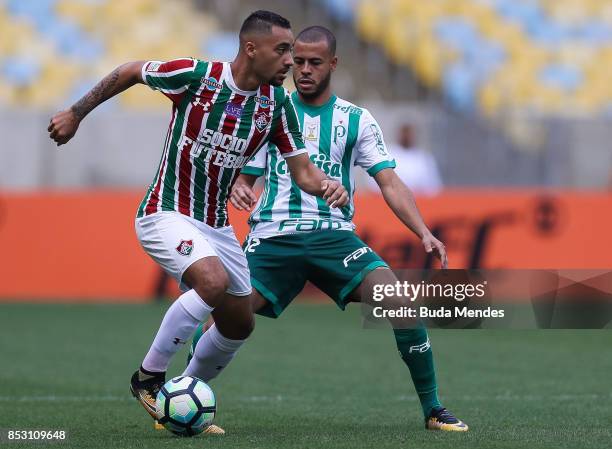 Robinho of Fluminense struggles for the ball with Mayke of Palmeiras during a match between Fluminense and Palmeiras as part of Brasileirao Series A...