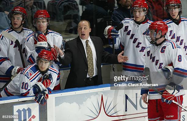Head coach Steve Spott of the Kitchener Rangers reacts to a call in a game against the London Knights on March 5, 2009 at the John Labatt Centre in...