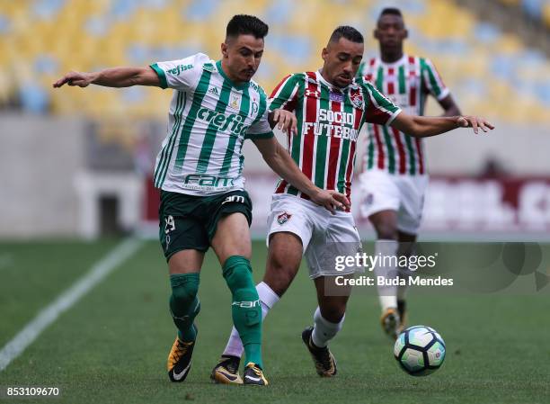 Robinho of Fluminense struggles for the ball with Willian of Palmeiras during a match between Fluminense and Palmeiras as part of Brasileirao Series...