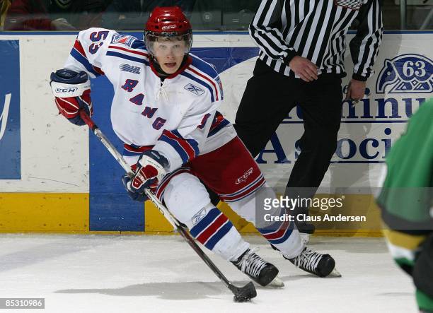 Jeff Skinner of the Kitchener Rangers skates in a game against the London Knights on March 5, 2009 at the John Labatt Centre in London, Ontario. The...