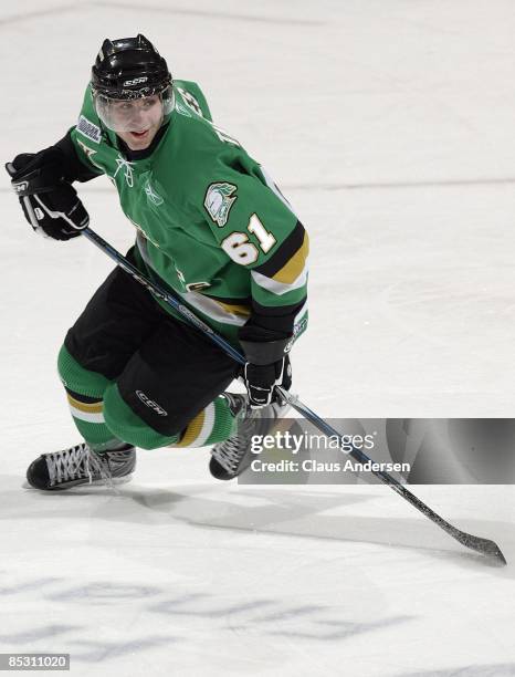 John Tavares of the London Knights skates in a game against the Kitchener Rangers on March 5, 2009 at the John Labatt Centre in London, Ontario. The...