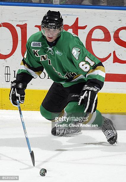 John Tavares of the London Knights tries to gain control of the puck in a game against the Kitchener Rangers on March 5, 2009 at the John Labatt...