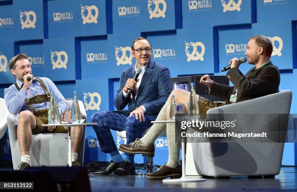 Rolf Schroemgens, Kevin Spacey and Lukas Gadowski during the 'Bits & Pretzels Founders Festival' at ICM Munich on September 24, 2017 in Munich,...