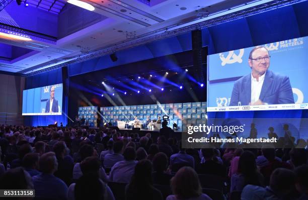 General view with Rolf Schroemgens, Kevin Spacey and Lukas Gadowski during the 'Bits & Pretzels Founders Festival' at ICM Munich on September 24,...