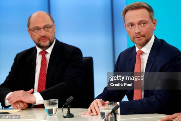 Martin Schulz , leader of the Social Democratic Party and Christian Lindner , chairman of the German Free Democratic Party attend a TV discussion...