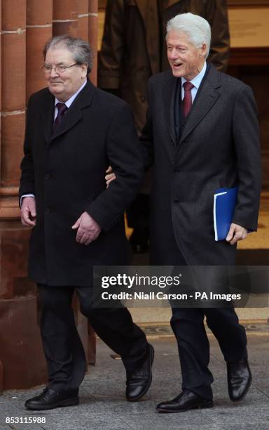 Former US President Bill Clinton with former SDLP leader John Hume before he paid tribute to the peace maker at the Guildhall in Londonderry during...