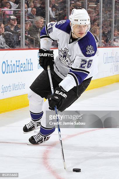 Forward Michal Handzus of the Los Angeles Kings skates with the puck against the Columbus Blue Jackets on March 3, 2009 at Nationwide Arena in...
