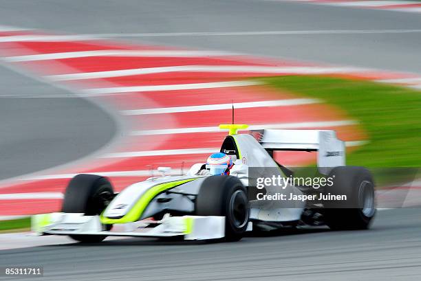 Jenson Button of Great Britain and Brawn GP in action during formula one testing at the Circuit de Catalunya on March 9, 2009 in Barcelona, Spain.