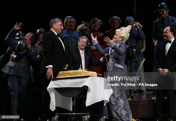 Jim Carter presents a cake to Dame Kiri te Kanawa celebrates her 70th birthday on stage, following a performance in the role of La Duchesse de...