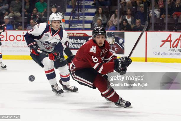 Forward Cam Hillis of the Guelph Storm moves the puck against the Windsor Spitfires on September 24, 2017 at the WFCU Centre in Windsor, Ontario,...