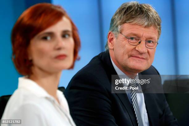 Katja Kipping , co-chairwoman of the German 'The Left' party, and Joerg Meuthen , federal co-chairman of the German 'Alternative for Germany' party...