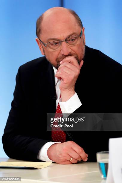Martin Schulz, leader of the Social Democratic Party attends a TV discussion with the top candidates in the German federal elections on September 24,...