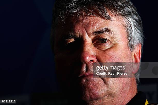 Chelsea Manager Guus Hiddink speaks to the media during a press conference at Stadio Olimpico di Torino on March 9, 2009 in Turin, Italy. Juventus...