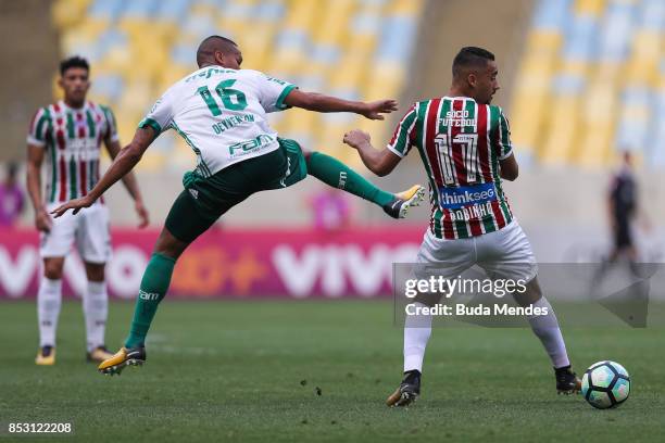 Robinho of Fluminense struggles for the ball with Deyverson of Palmeiras during a match between Fluminense and Palmeiras as part of Brasileirao...