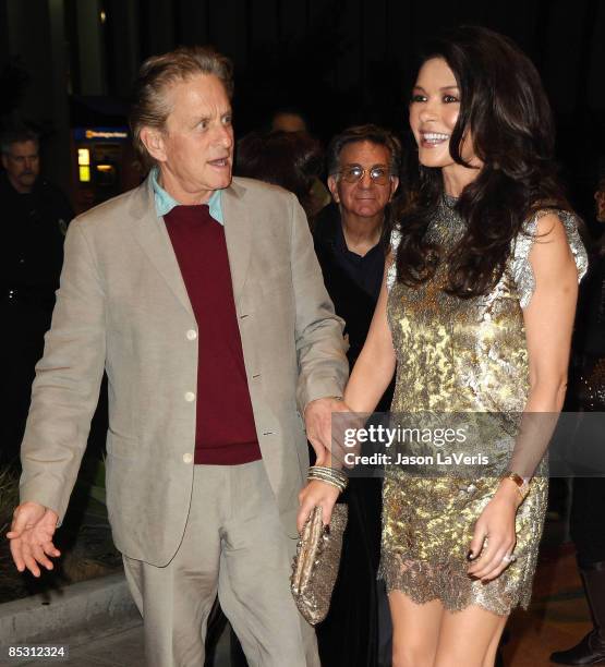 Actor Michael Douglas and actress Catherine Zeta-Jones attend Kirk Douglas' one man show " Before I Forget" at The Kirk Douglas Theatre on March 6,...