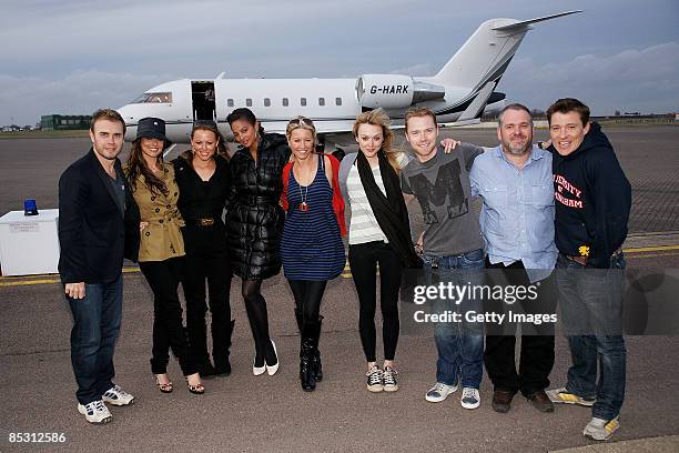 Gary Barlow, Cheryl Cole, Kimberley Walsh, Alysha Dixon, Denise Van Outen, Fearne Cotton, Ronan Keating, Chris Moyles and Ben Shepard arrive back in...