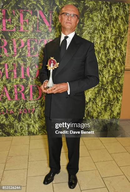 Paolo Zegna, winner of the Eco Stewardship award, poses backstage at The Green Carpet Fashion Awards, Italia, at Teatro Alla Scala on September 24,...