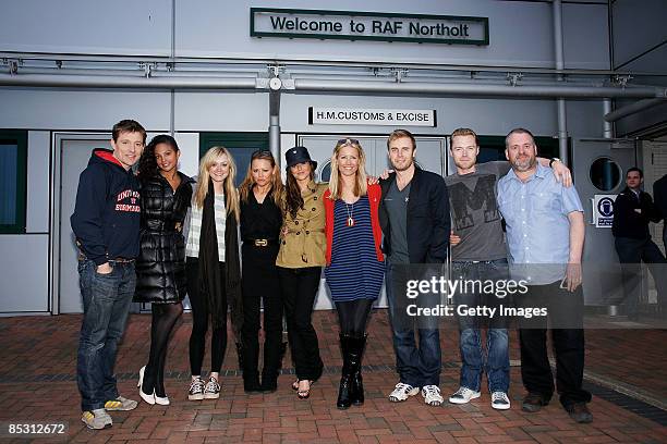 Ben Shepard, Alysha Dixon, Fearne Cotton, Kimberley Walsh, Cheryl Cole, Denise Van Outen, Gary Barlow, Ronan Keating and Chris Moyles arrive back in...