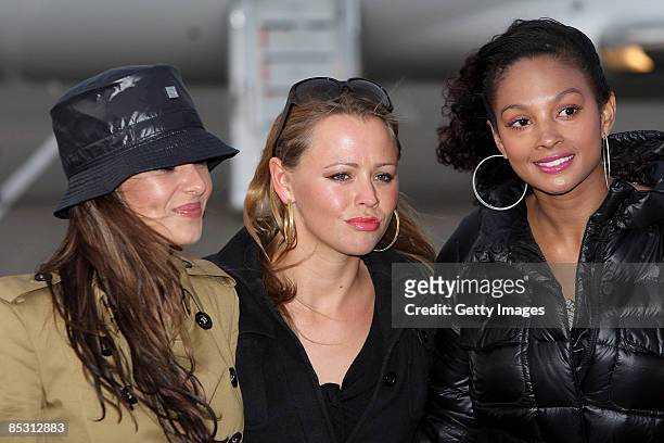 Cheryl Cole, Kimberley Walsh and Alysha Dixon arrive back in the UK at RAF Northolt after climbing Mount Kilimanjaro in aid of Comic Relief on March...