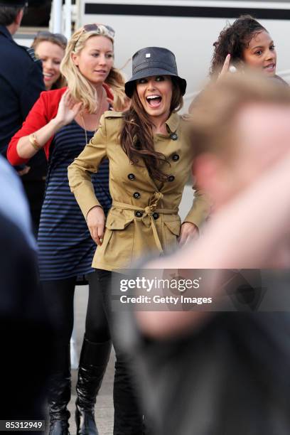 Denise Van Outen, Cheryl Cole and Alysha Dixon arrive back in the UK at RAF Northolt after climbing Mount Kilimanjaro in aid of Comic Relief on March...