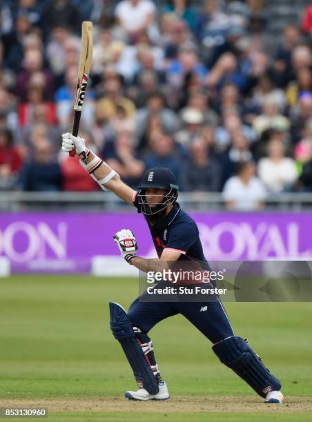 England batsman Moeen Ali hits out during his century during the 3rd Royal London One Day International between England and West Indies at The...